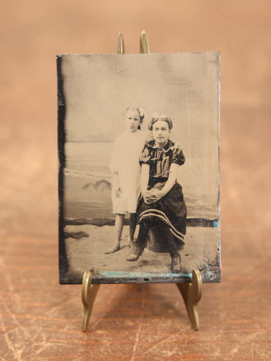 Lot 098 - Single Tintype Photo, Girls At The Beach, Early Swimwear, Possibly Sisters