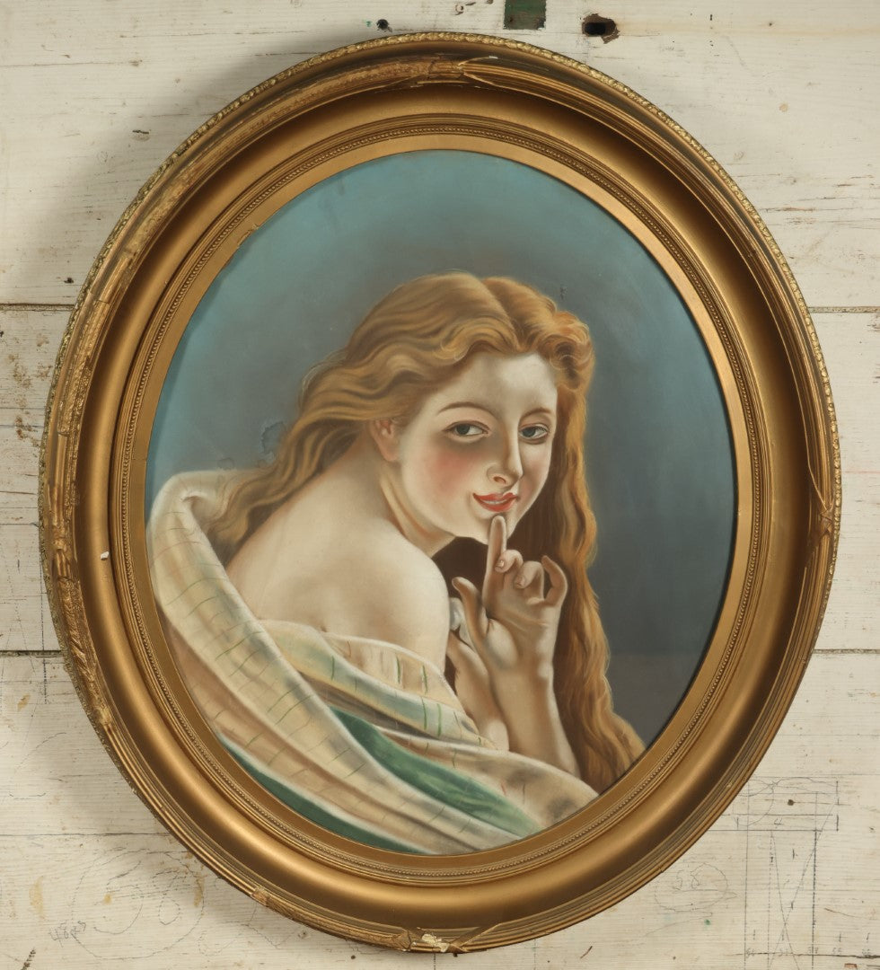 Lot 001 - Oversized Pastel Painting Of An Enigmatic Blonde Woman, Likely Based On Another Artwork, In Oval Gilt Frame - 26" x 30"