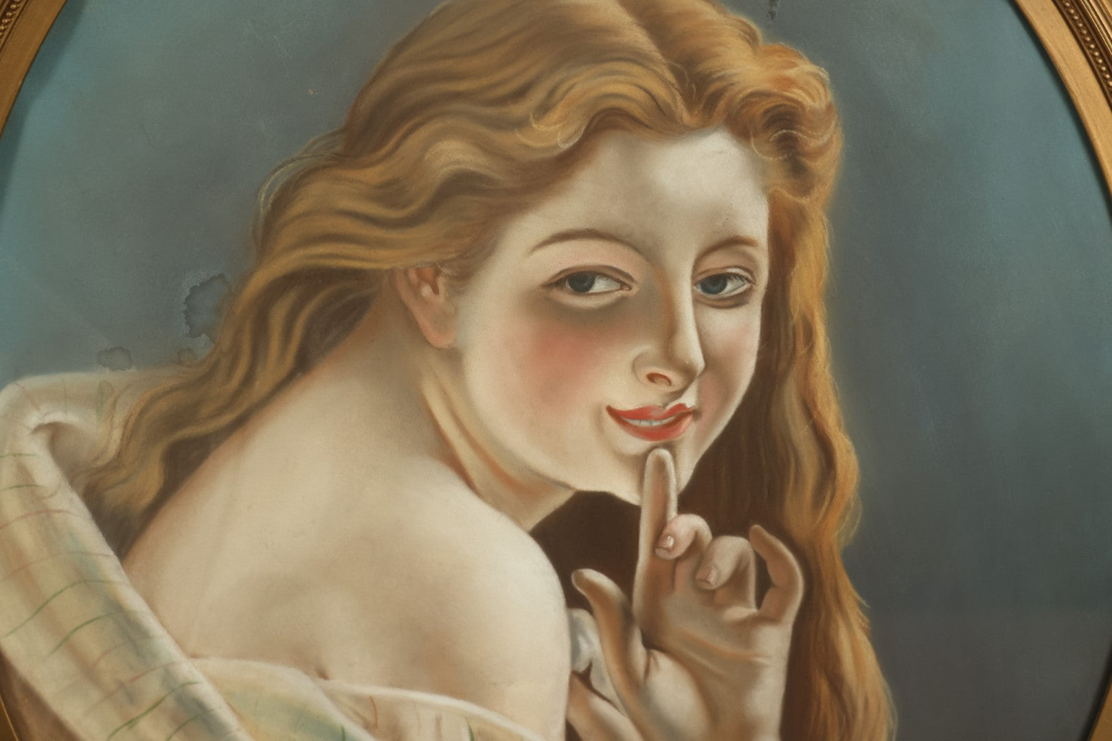 Lot 001 - Oversized Pastel Painting Of An Enigmatic Blonde Woman, Likely Based On Another Artwork, In Oval Gilt Frame - 26" x 30"