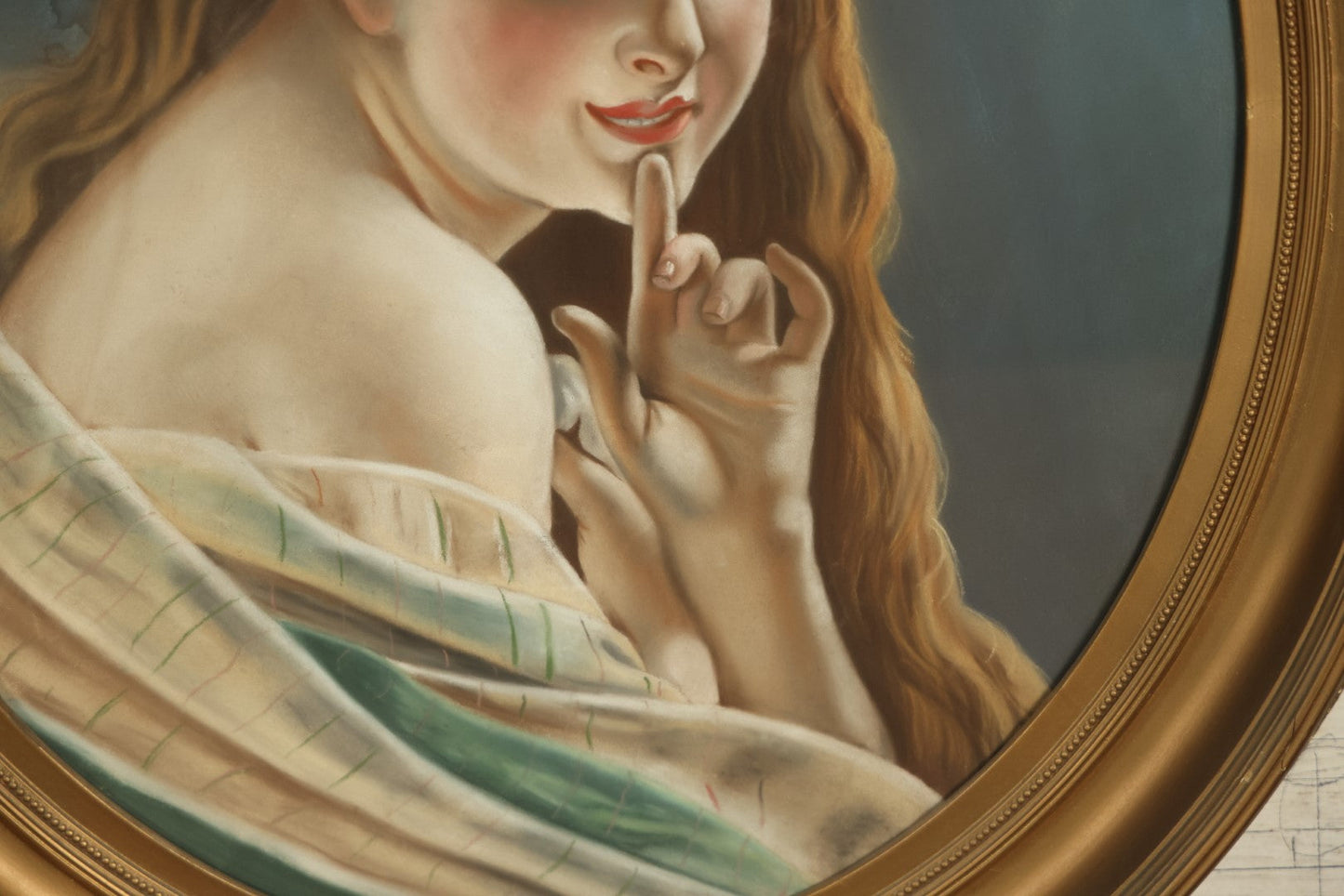 Lot 001 - Oversized Pastel Painting Of An Enigmatic Blonde Woman, Likely Based On Another Artwork, In Oval Gilt Frame - 26" x 30"