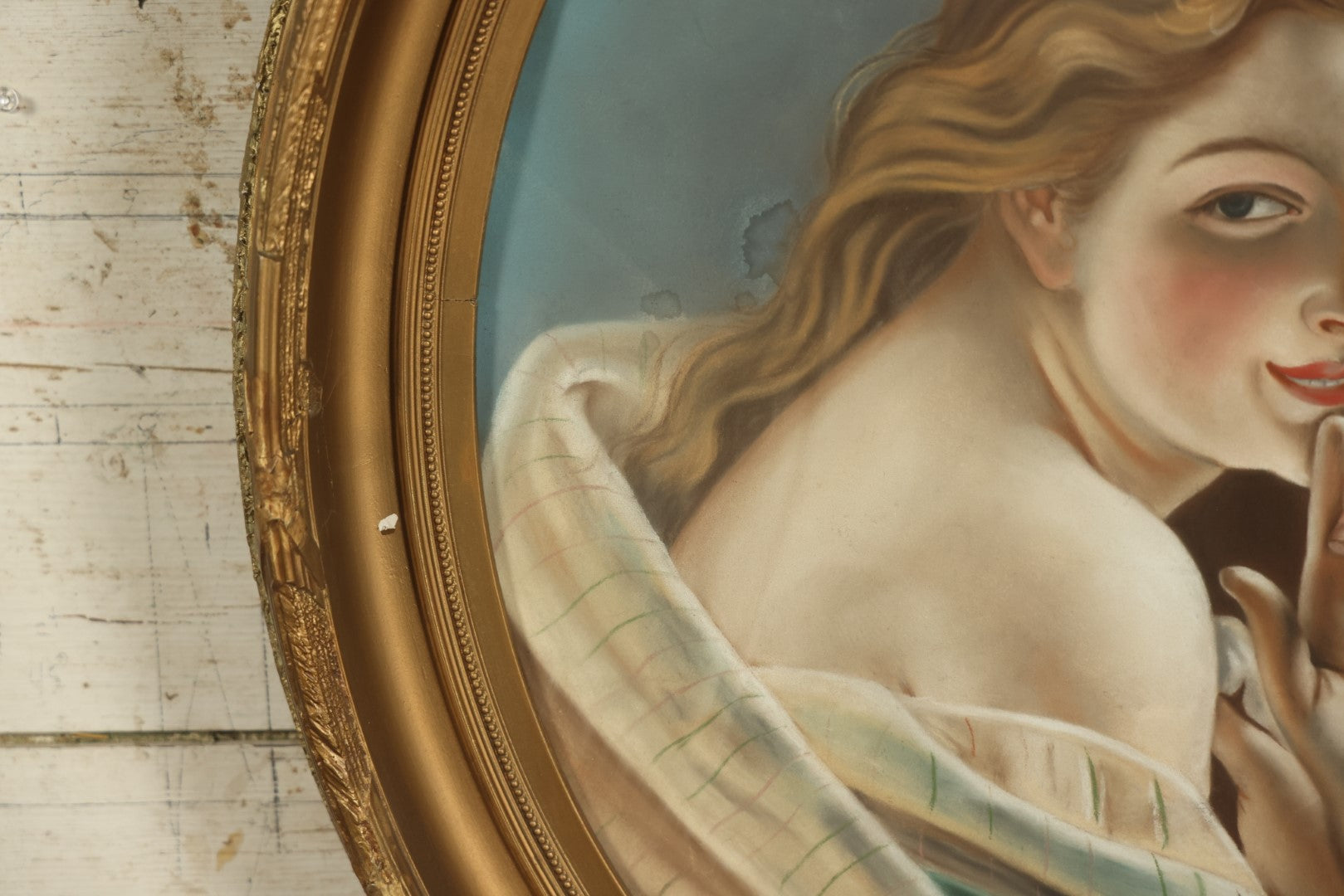 Lot 001 - Oversized Pastel Painting Of An Enigmatic Blonde Woman, Likely Based On Another Artwork, In Oval Gilt Frame - 26" x 30"