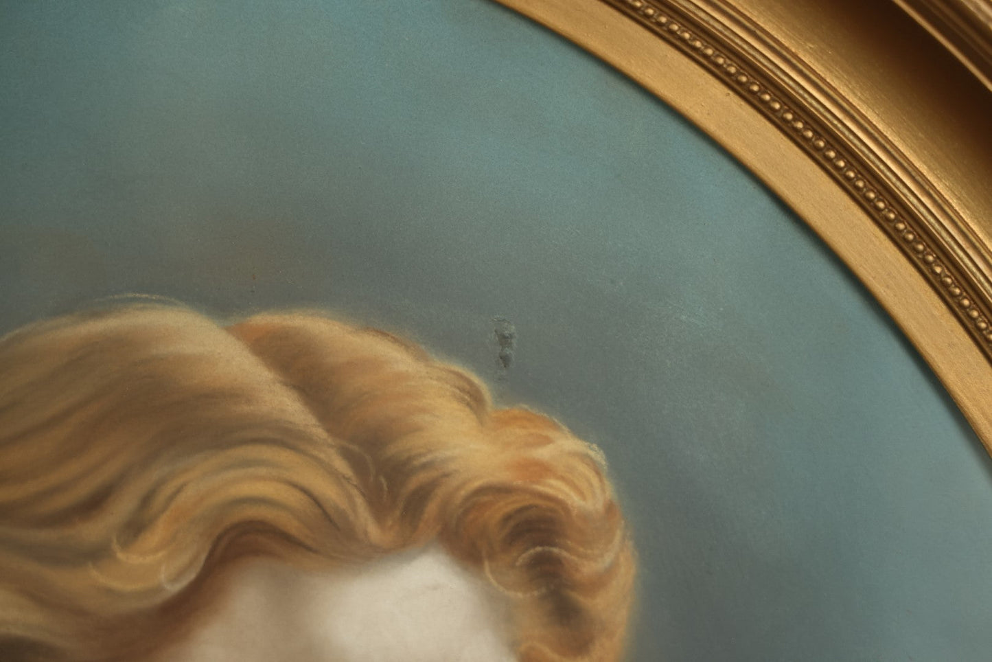 Lot 001 - Oversized Pastel Painting Of An Enigmatic Blonde Woman, Likely Based On Another Artwork, In Oval Gilt Frame - 26" x 30"