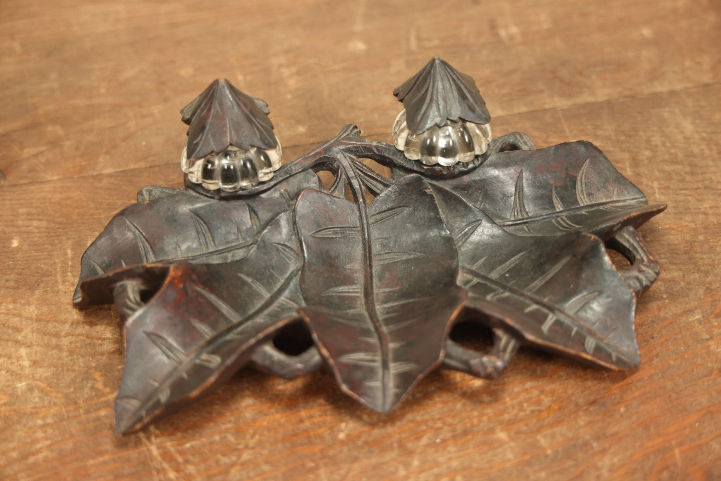 Lot 004 - Antique Inkwell Carved Out Of A Single Piece Of Wood With Natural Leaf Motif, Two Glass Inserts, With Matching Caps