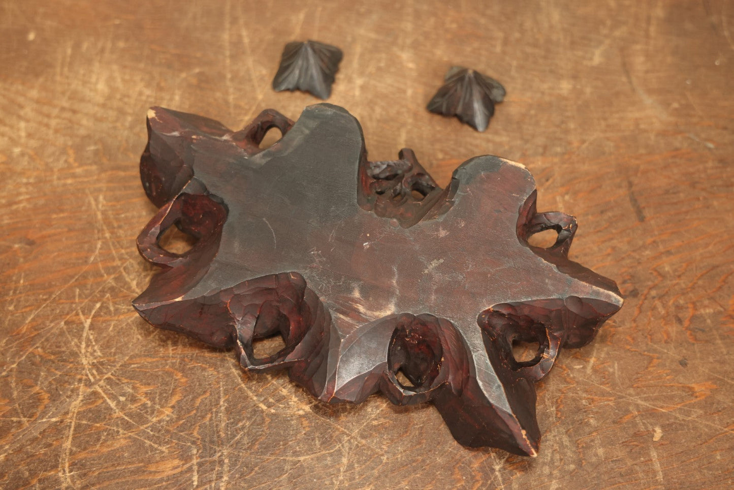 Lot 004 - Antique Inkwell Carved Out Of A Single Piece Of Wood With Natural Leaf Motif, Two Glass Inserts, With Matching Caps