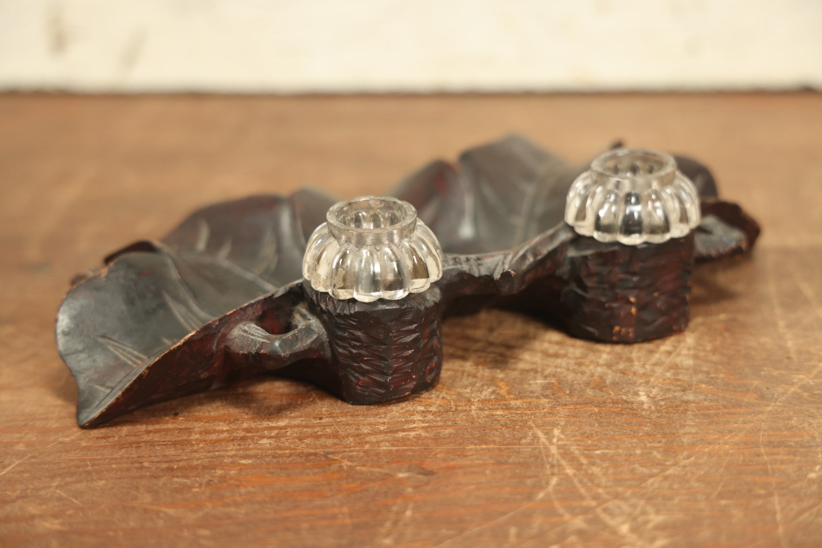 Lot 004 - Antique Inkwell Carved Out Of A Single Piece Of Wood With Natural Leaf Motif, Two Glass Inserts, With Matching Caps