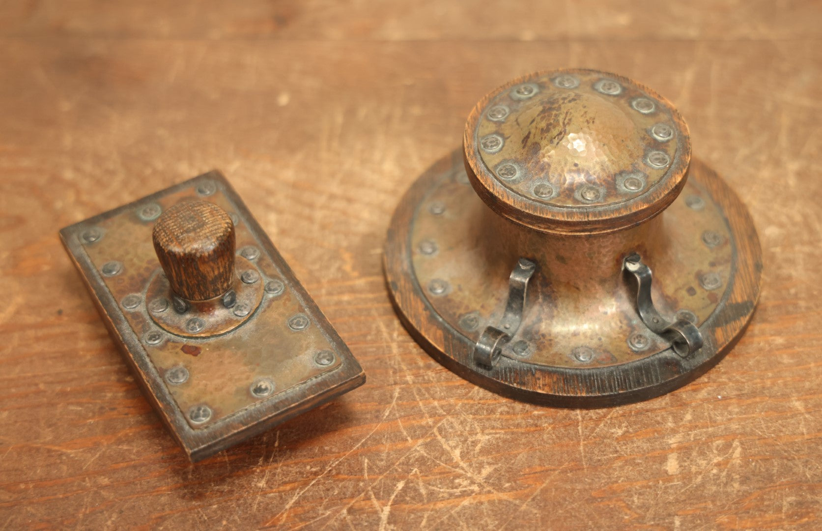 Lot 005 - Antique Arts And Crafts Desk Set With Inkwell With Pen Rest And Blotter, Hammered Copper And Wood, Marked Copper And Silver