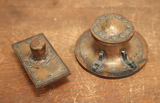 Lot 005 - Antique Arts And Crafts Desk Set With Inkwell With Pen Rest And Blotter, Hammered Copper And Wood, Marked Copper And Silver