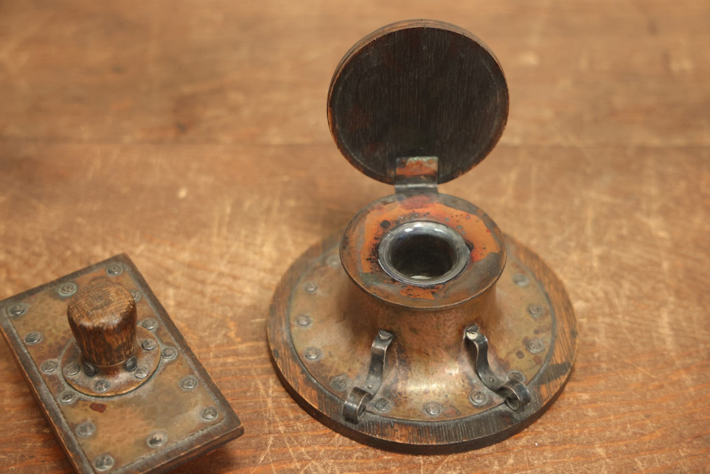 Lot 005 - Antique Arts And Crafts Desk Set With Inkwell With Pen Rest And Blotter, Hammered Copper And Wood, Marked Copper And Silver