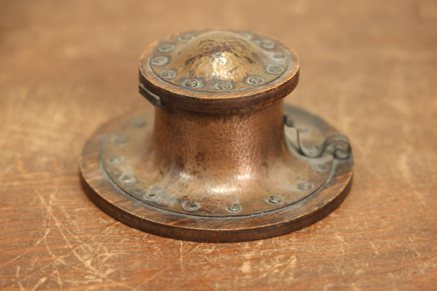 Lot 005 - Antique Arts And Crafts Desk Set With Inkwell With Pen Rest And Blotter, Hammered Copper And Wood, Marked Copper And Silver