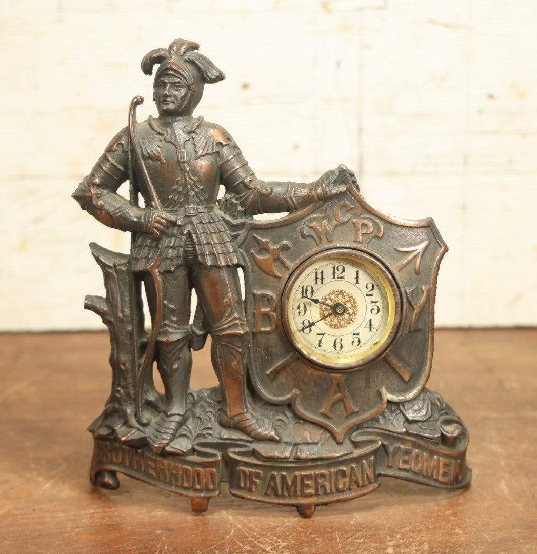 Lot 006 - Antique Brotherhood Of American Yeoman Fraternal Figural Cast Metal Clock With Knight