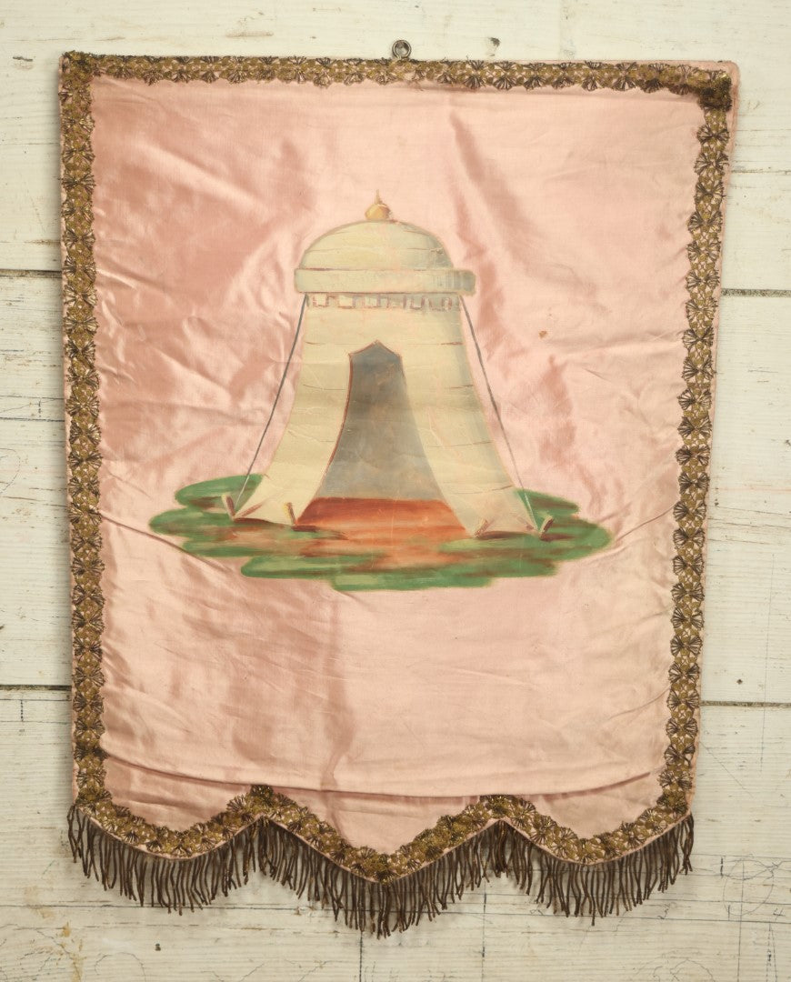 Lot 007 - Antique Independent Order Of Odd Fellows I.O.O.F. Hand Painted Encampment Banner - Tent With Pink Background - 18" x 23"