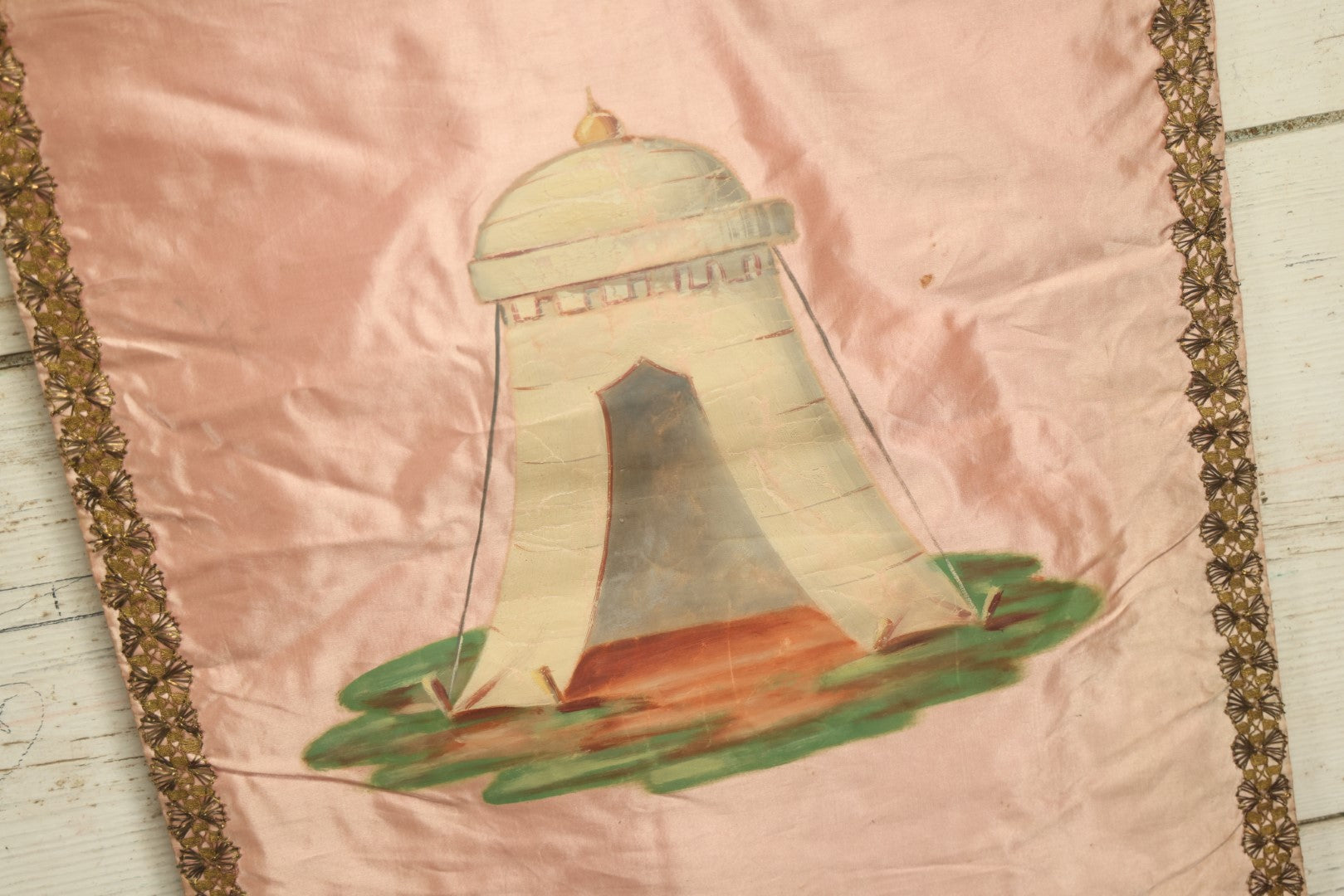 Lot 007 - Antique Independent Order Of Odd Fellows I.O.O.F. Hand Painted Encampment Banner - Tent With Pink Background - 18" x 23"