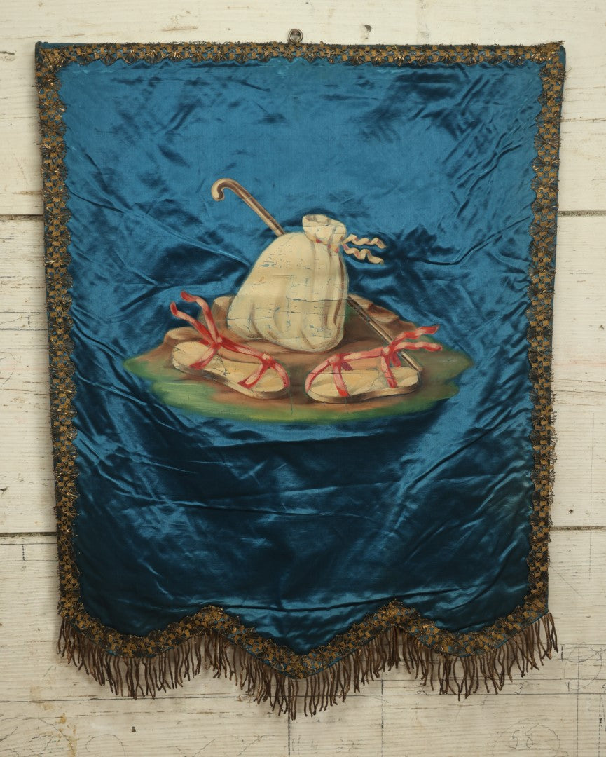 Lot 008 - Antique Independent Order Of Odd Fellows I.O.O.F. Hand Painted Encampment Banner - Sack, Sandals, Staff, On Blue  Background - 18" x 23"