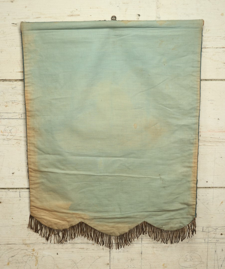 Lot 008 - Antique Independent Order Of Odd Fellows I.O.O.F. Hand Painted Encampment Banner - Sack, Sandals, Staff, On Blue  Background - 18" x 23"