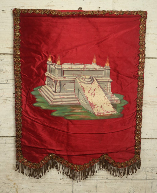 Lot 009 - Antique Independent Order Of Odd Fellows I.O.O.F. Hand Painted Encampment Banner - Fire Altar On Red  Background - 18" x 23"