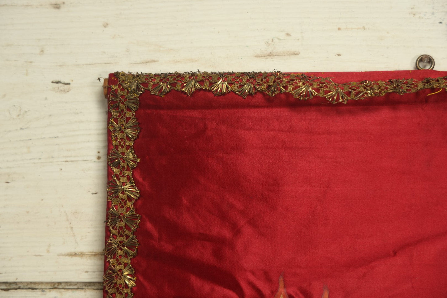 Lot 009 - Antique Independent Order Of Odd Fellows I.O.O.F. Hand Painted Encampment Banner - Fire Altar On Red  Background - 18" x 23"