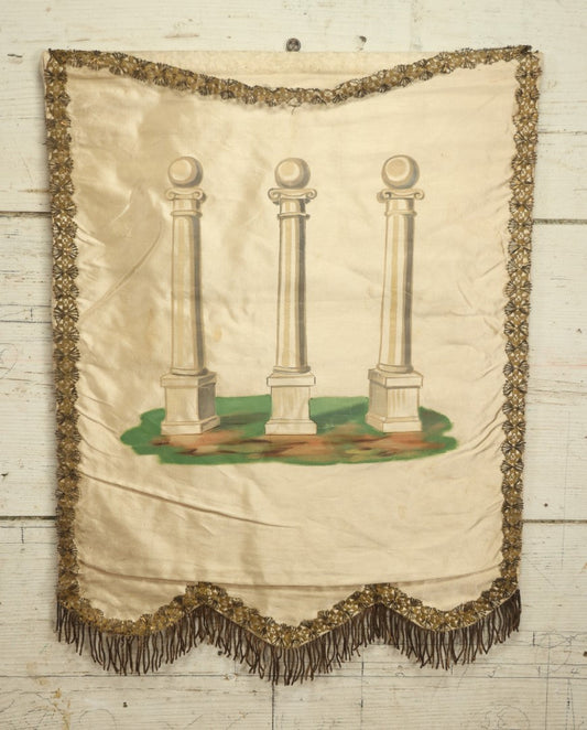 Lot 010 - Antique Independent Order Of Odd Fellows I.O.O.F. Hand Painted Encampment Banner - Three Pillars Of Knowledge On White Background - 18" x 23"