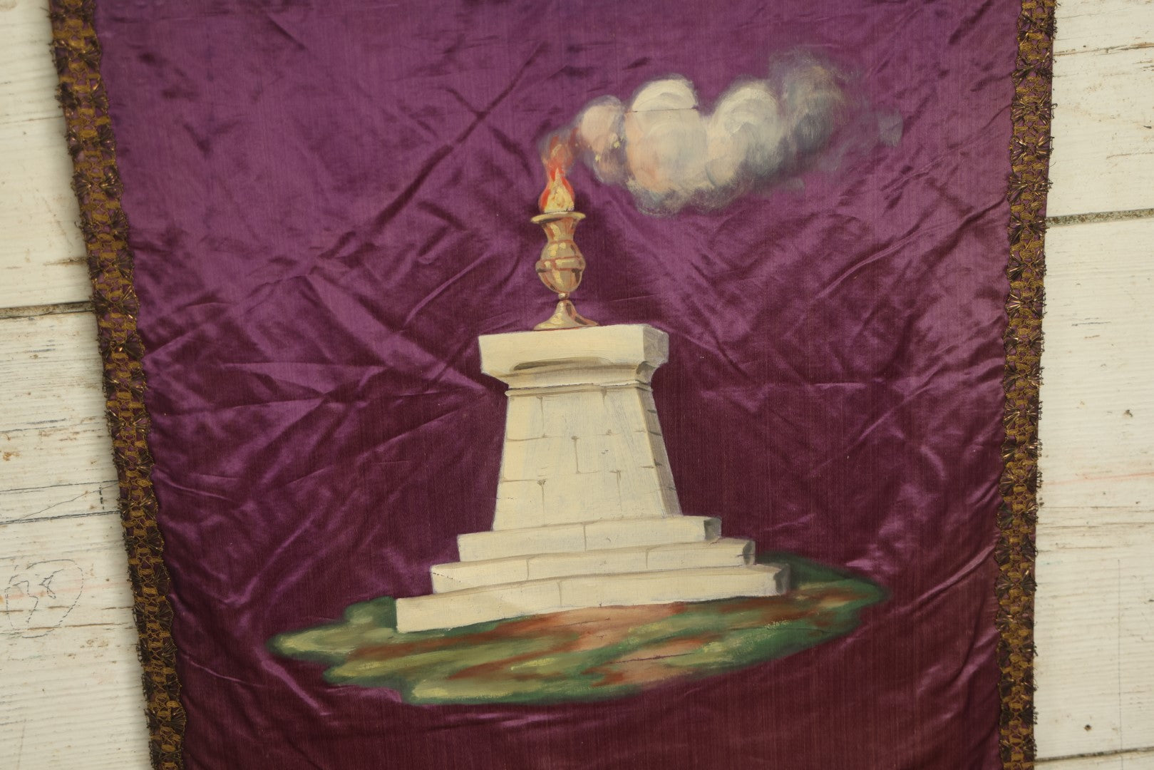 Lot 011 - Antique Independent Order Of Odd Fellows I.O.O.F. Hand Painted Encampment Banner - Pedestal With Fire On Purple Background - 18" x 23"