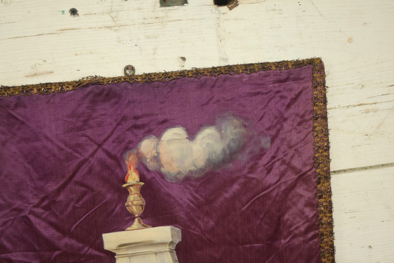 Lot 011 - Antique Independent Order Of Odd Fellows I.O.O.F. Hand Painted Encampment Banner - Pedestal With Fire On Purple Background - 18" x 23"