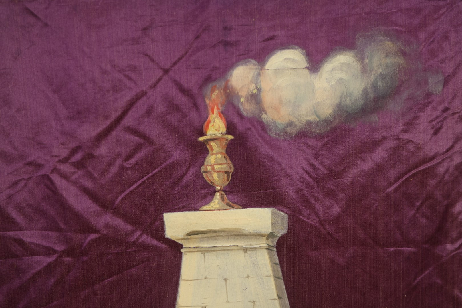 Lot 011 - Antique Independent Order Of Odd Fellows I.O.O.F. Hand Painted Encampment Banner - Pedestal With Fire On Purple Background - 18" x 23"