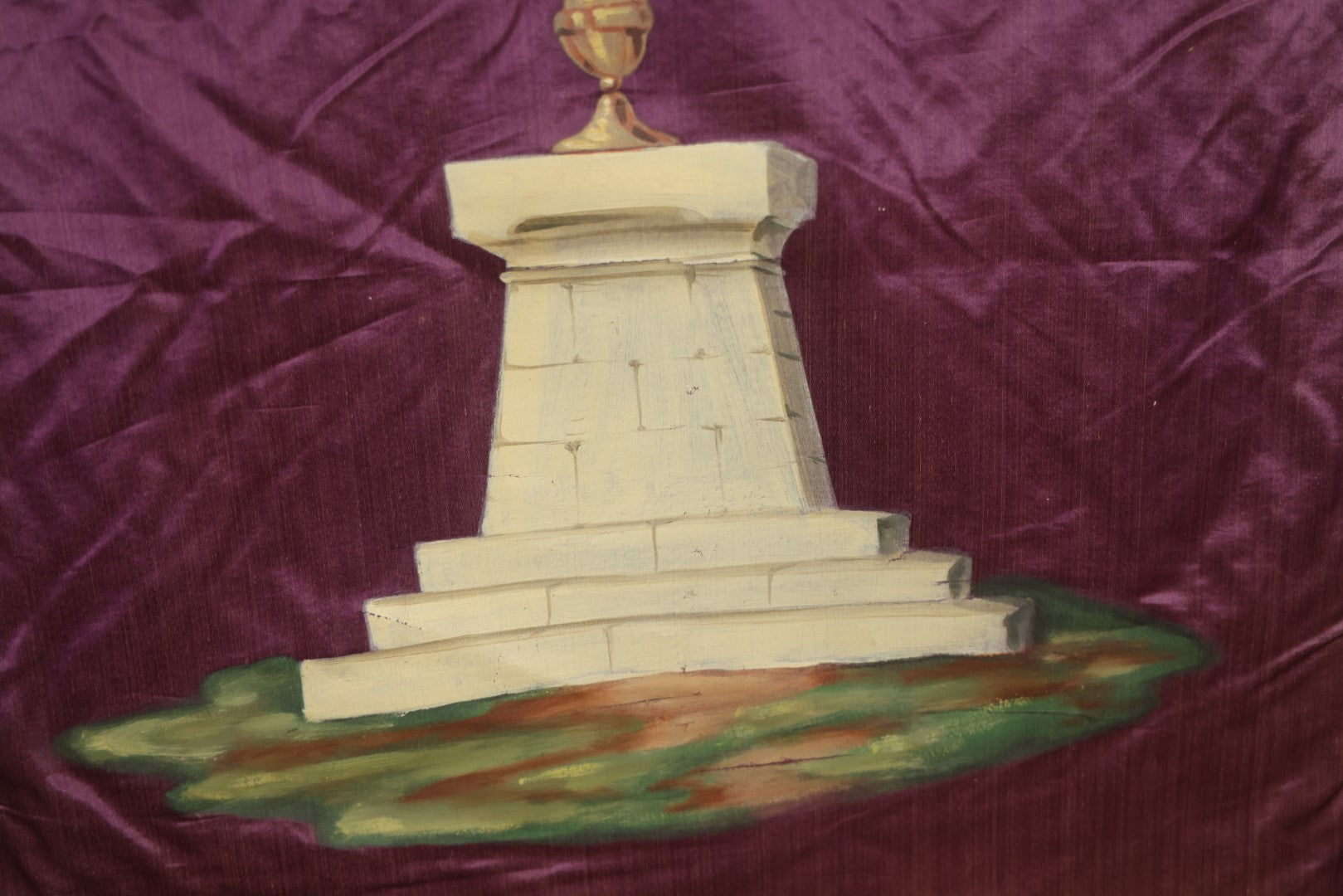 Lot 011 - Antique Independent Order Of Odd Fellows I.O.O.F. Hand Painted Encampment Banner - Pedestal With Fire On Purple Background - 18" x 23"