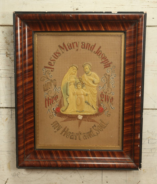 Lot 012 - Antique Celluloid Jesus, Mary, And Joseph Holy Family Art Work With Embroidered Punchwork In Frame - 17-1/2" x 21-3/4"