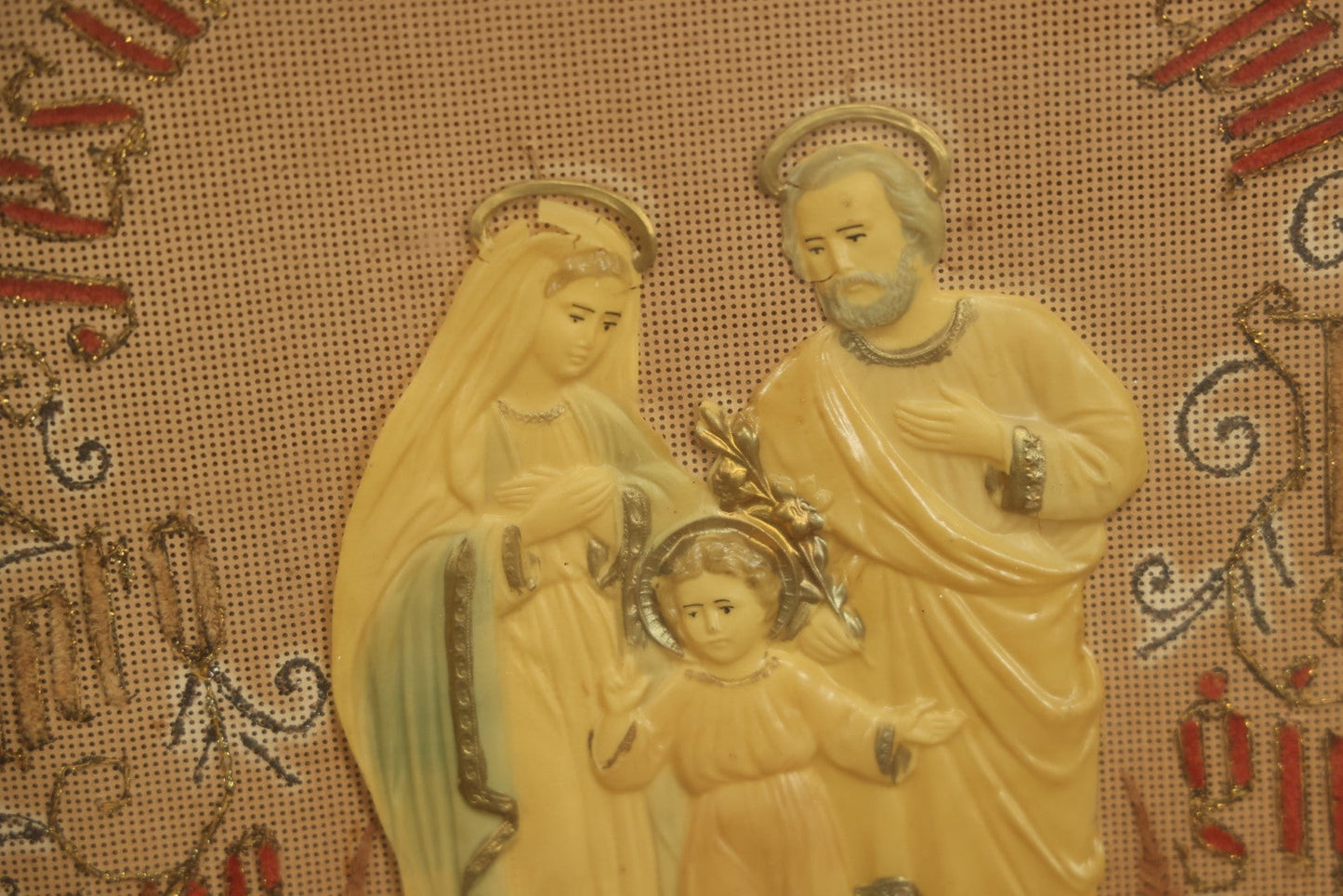 Lot 012 - Antique Celluloid Jesus, Mary, And Joseph Holy Family Art Work With Embroidered Punchwork In Frame - 17-1/2" x 21-3/4"