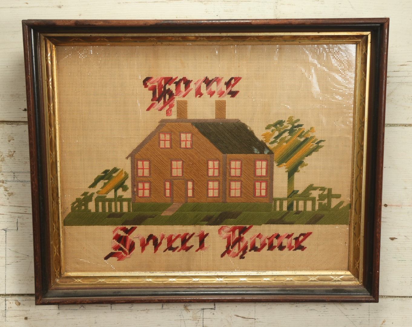 Lot 013 - Antique Home Sweet Home Embroidered Punchwork With Deep Frame - 22" x 18"