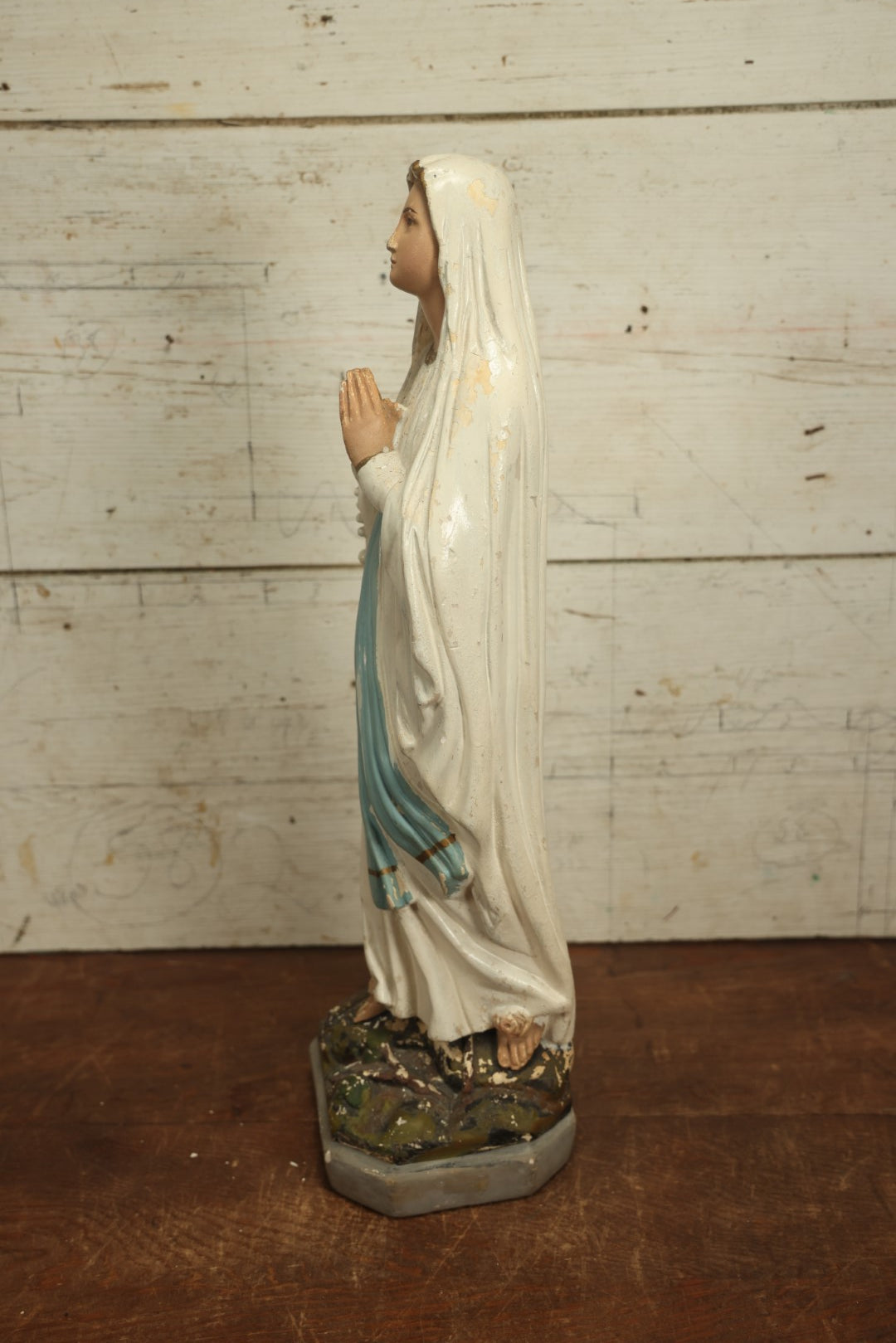 Lot 014 - Vintage Chalkware Praying Virgin Mary Statue, Various Wear And Chipping - 23" Tall