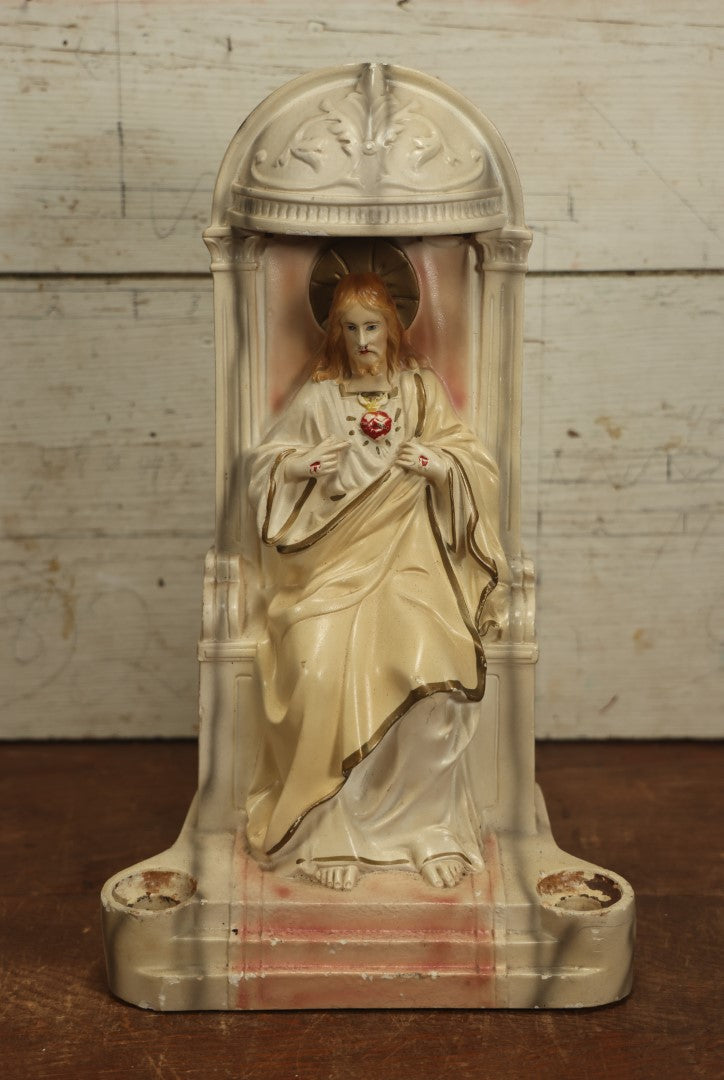 Lot 015 - Vintage Chalkware Sacred Heart Of Jesus In Candle Holder Altar, Copyright 1934 Mark