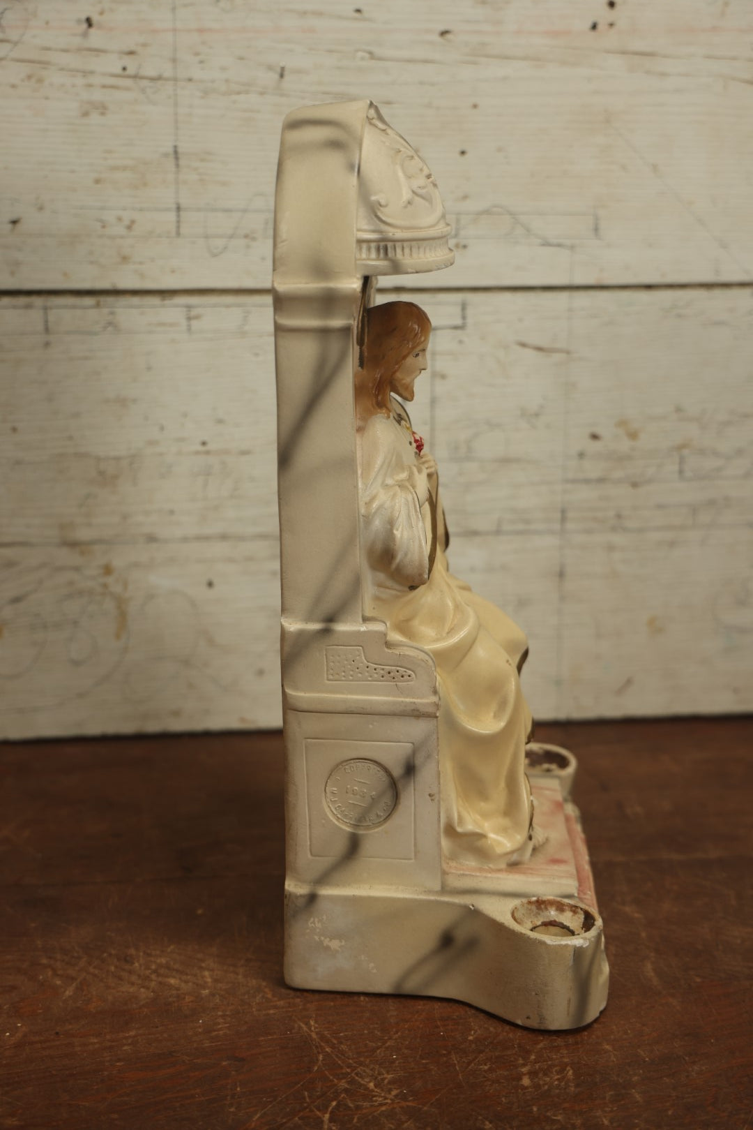 Lot 015 - Vintage Chalkware Sacred Heart Of Jesus In Candle Holder Altar, Copyright 1934 Mark