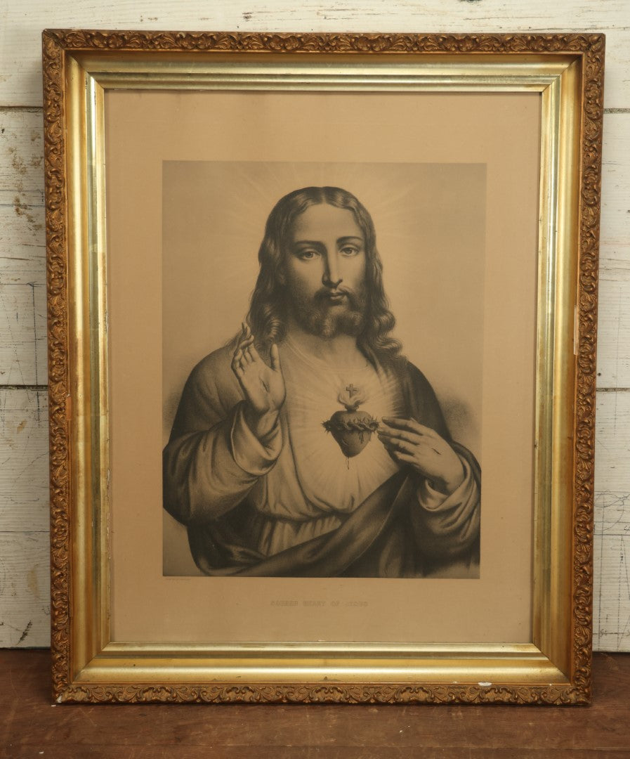 Lot 016 - Antique Sacred Heart Of Jesus Large Engraving In Frame After Painting By Grellet - 22" x 27"