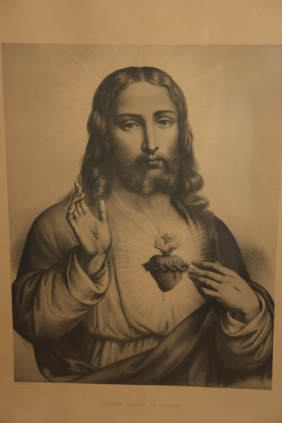 Lot 016 - Antique Sacred Heart Of Jesus Large Engraving In Frame After Painting By Grellet - 22" x 27"