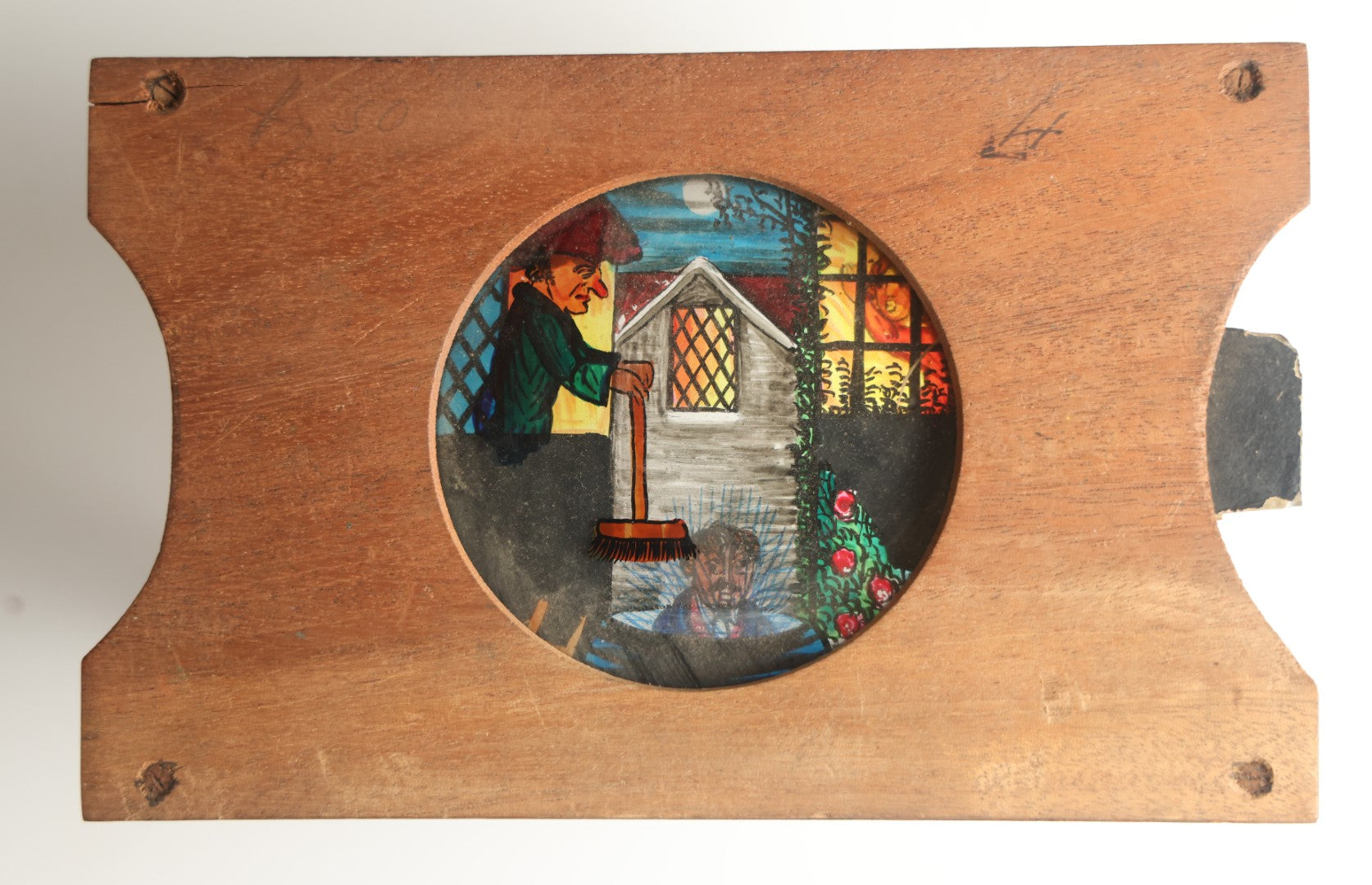 Lot 040 - Antique Hand Painted Animated Magic Lantern Motion Slide, Man With Broom Smacking Man In Water, Woman Off To Side, Broom Moves Up And Down