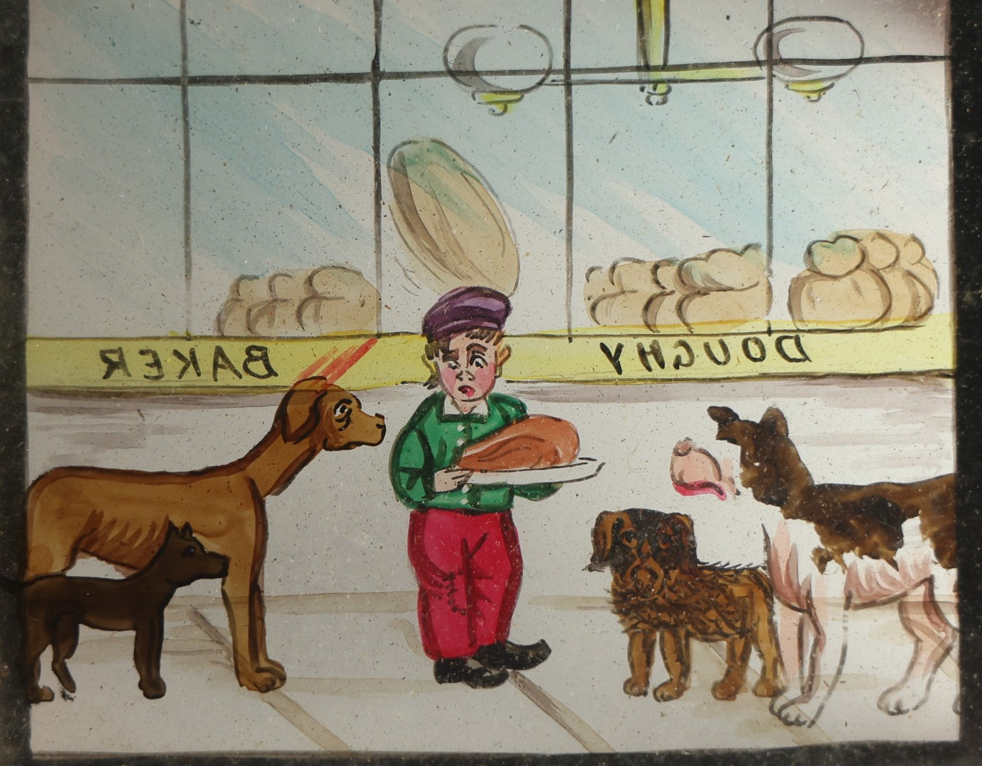 Lot 041 - Antique Hand Painted Animated Magic Lantern Motion Slide, Young Boy With Chicken Outside Bakery Surrounded By Dogs, Dogs Slide In From Both Sides