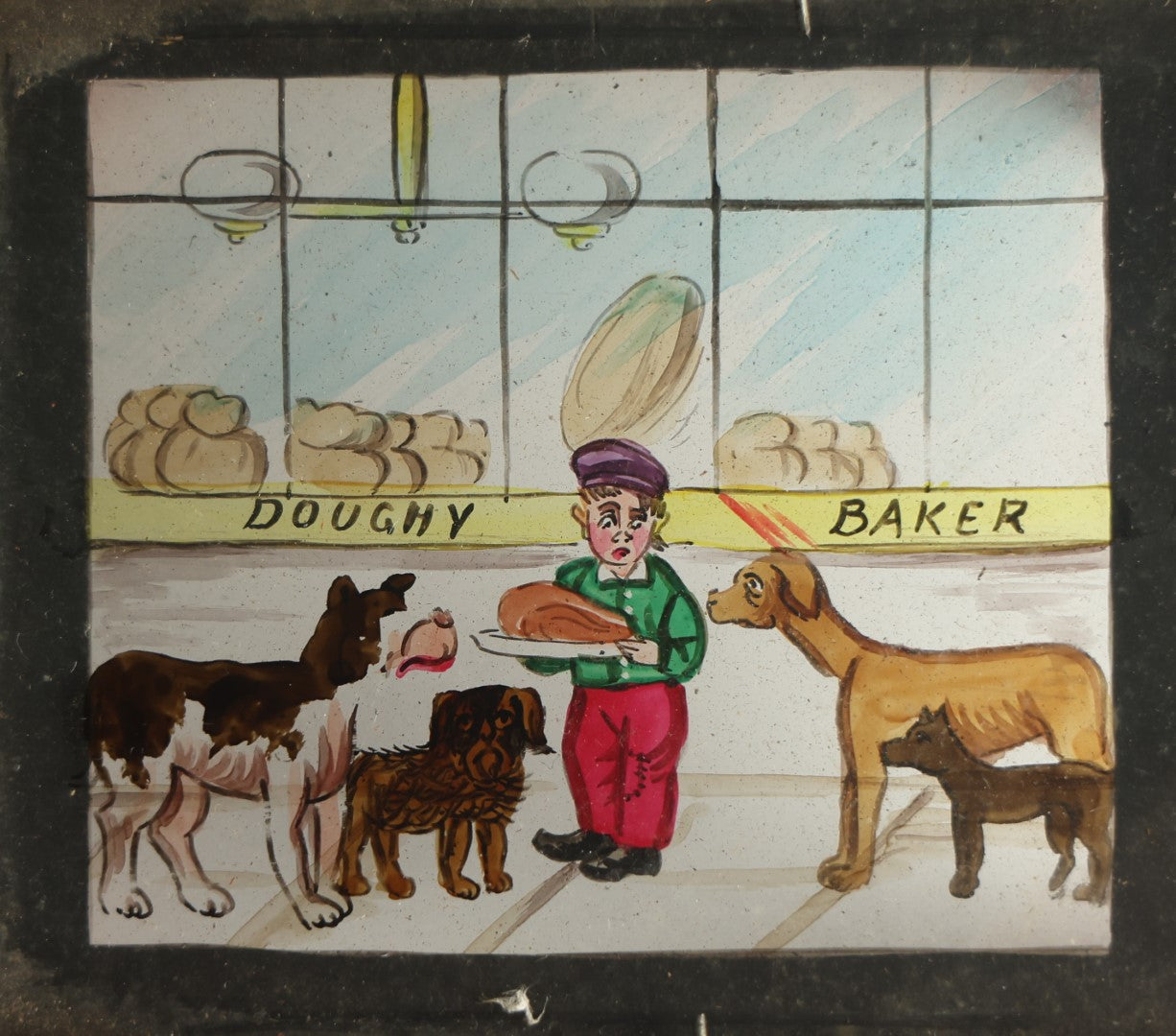 Lot 041 - Antique Hand Painted Animated Magic Lantern Motion Slide, Young Boy With Chicken Outside Bakery Surrounded By Dogs, Dogs Slide In From Both Sides