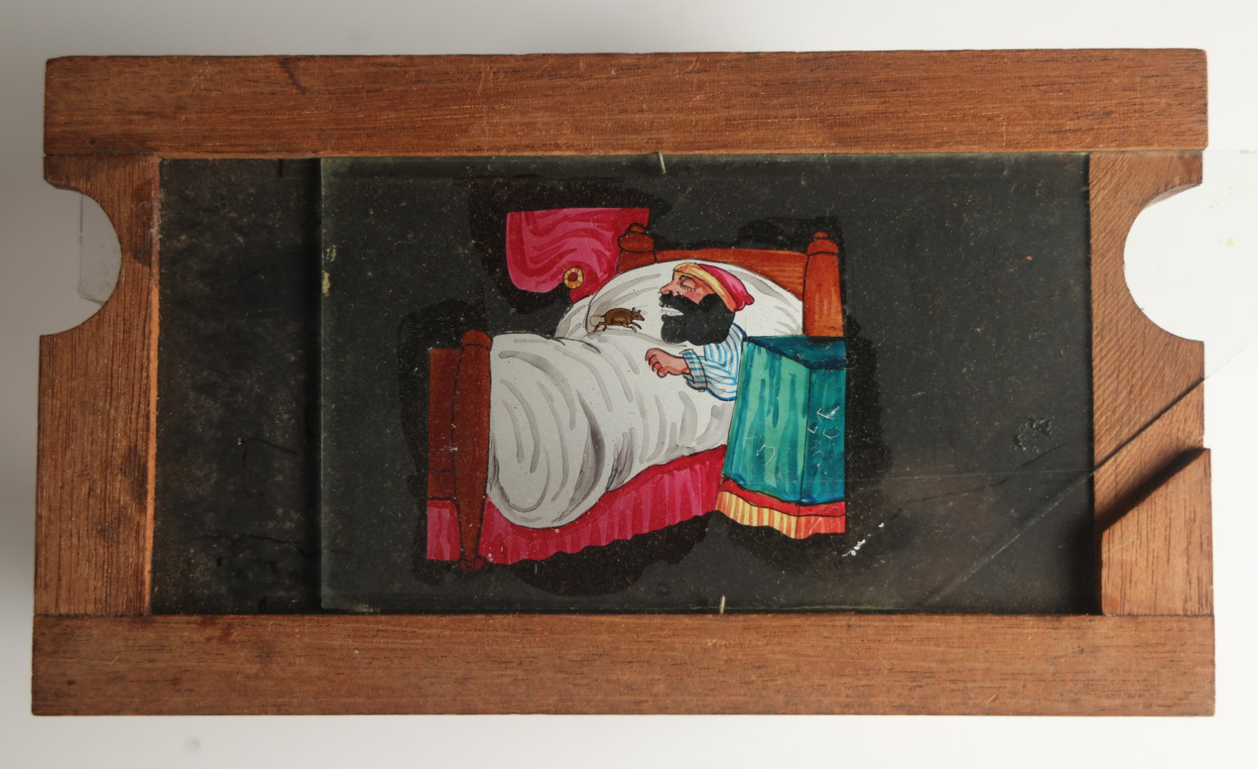 Lot 042 - Antique Hand Painted Animated Magic Lantern Motion Slide, Man Snoring While Asleep Swallows A Mouse, Man's Mouth Opens And Closes, Mouse Slides In