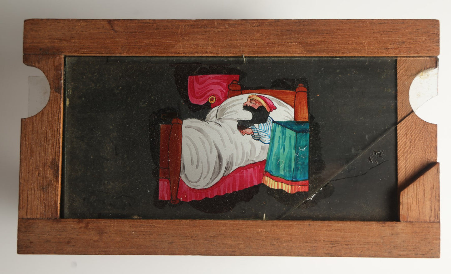 Lot 042 - Antique Hand Painted Animated Magic Lantern Motion Slide, Man Snoring While Asleep Swallows A Mouse, Man's Mouth Opens And Closes, Mouse Slides In