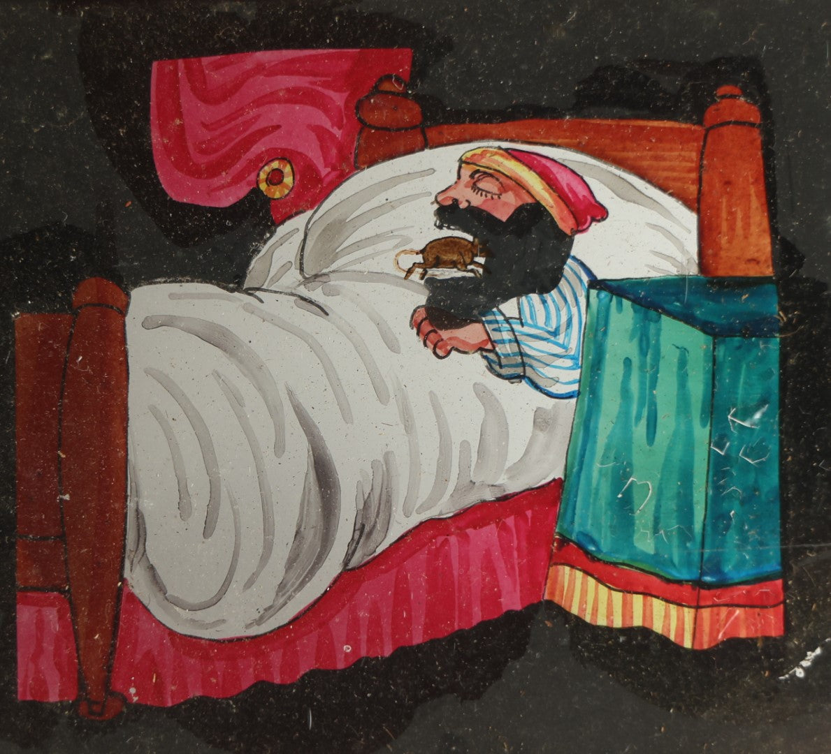 Lot 042 - Antique Hand Painted Animated Magic Lantern Motion Slide, Man Snoring While Asleep Swallows A Mouse, Man's Mouth Opens And Closes, Mouse Slides In