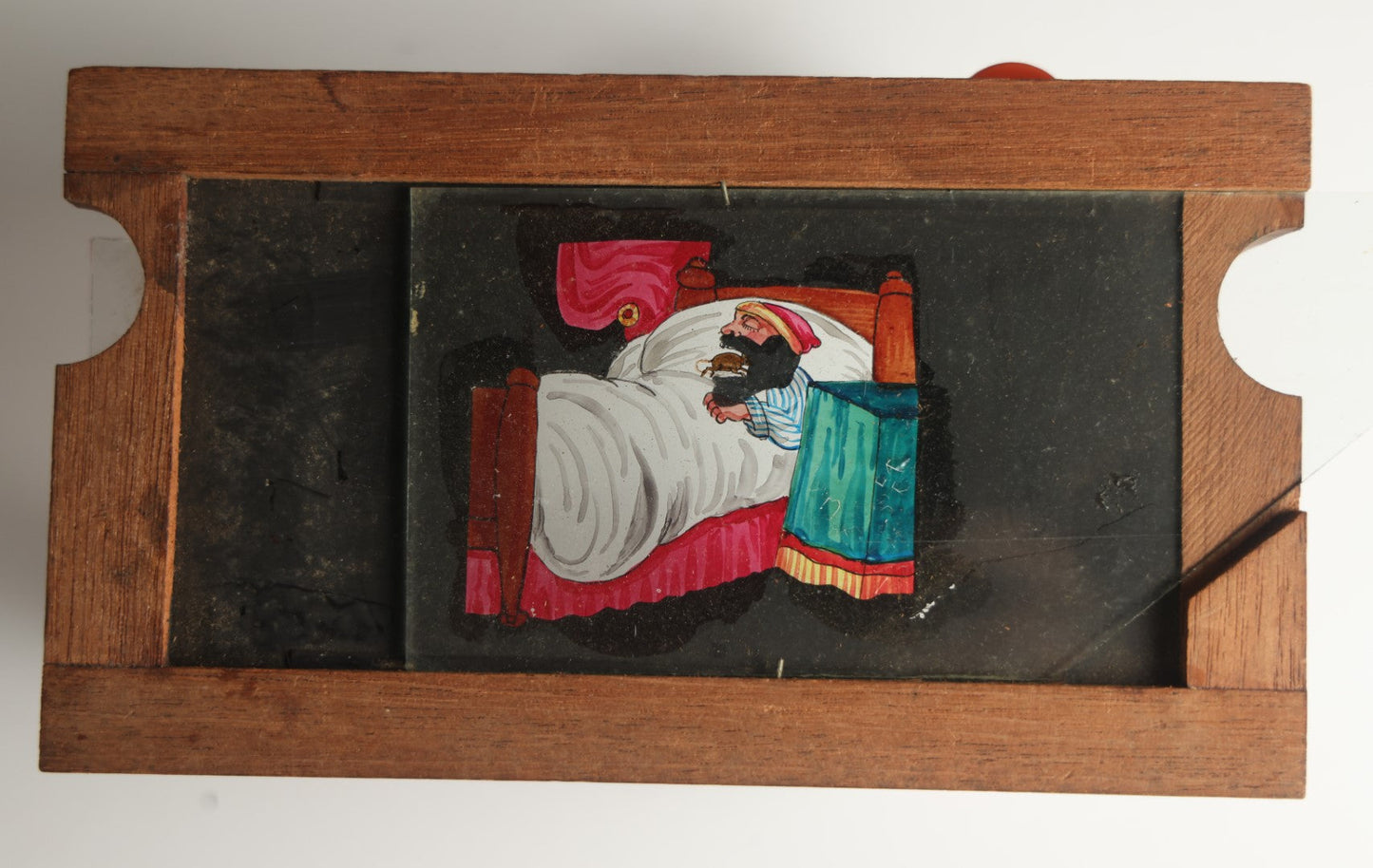 Lot 042 - Antique Hand Painted Animated Magic Lantern Motion Slide, Man Snoring While Asleep Swallows A Mouse, Man's Mouth Opens And Closes, Mouse Slides In