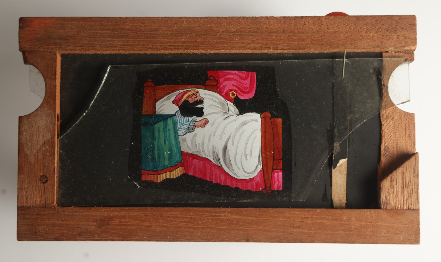 Lot 042 - Antique Hand Painted Animated Magic Lantern Motion Slide, Man Snoring While Asleep Swallows A Mouse, Man's Mouth Opens And Closes, Mouse Slides In