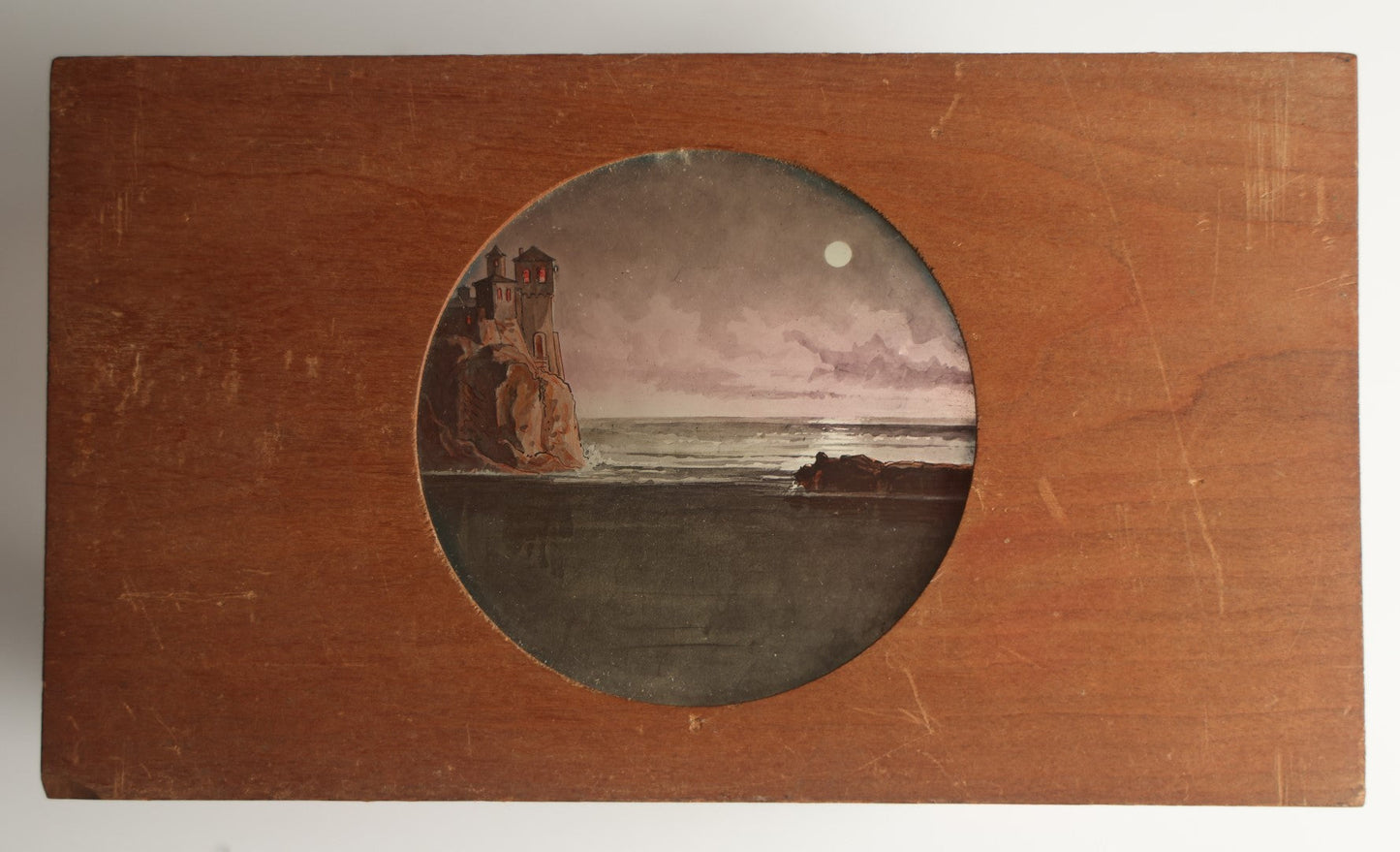 Lot 043 - Antique Hand Painted Magic Lantern Slide, Castle On Cliff Overlooking Ocean, Night Sky