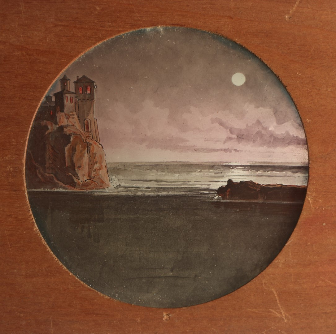 Lot 043 - Antique Hand Painted Magic Lantern Slide, Castle On Cliff Overlooking Ocean, Night Sky