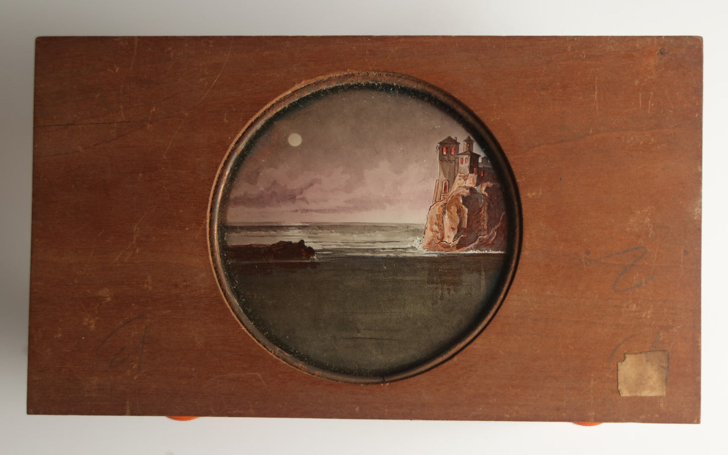 Lot 043 - Antique Hand Painted Magic Lantern Slide, Castle On Cliff Overlooking Ocean, Night Sky