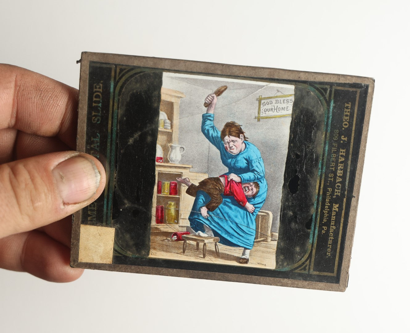 Lot 046 - Antique Hand Colored Magic Lantern Slide, Boy Receiving Spanking From Mother, Note Heavy Damage And Cracking, Theo J. Harbach Manufacturer, Philadelphia, Pennsylvania