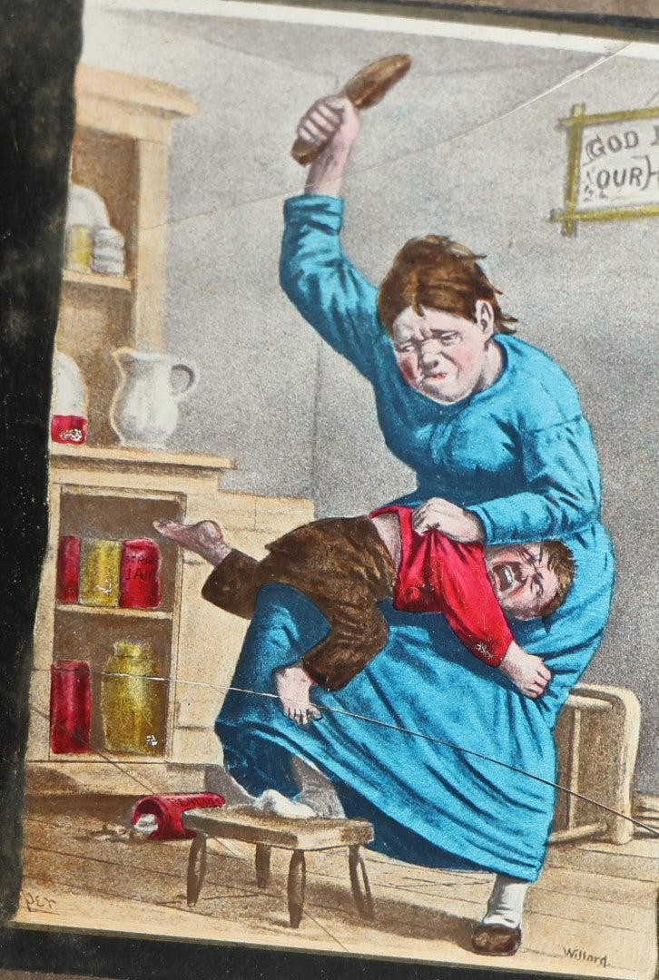 Lot 046 - Antique Hand Colored Magic Lantern Slide, Boy Receiving Spanking From Mother, Note Heavy Damage And Cracking, Theo J. Harbach Manufacturer, Philadelphia, Pennsylvania