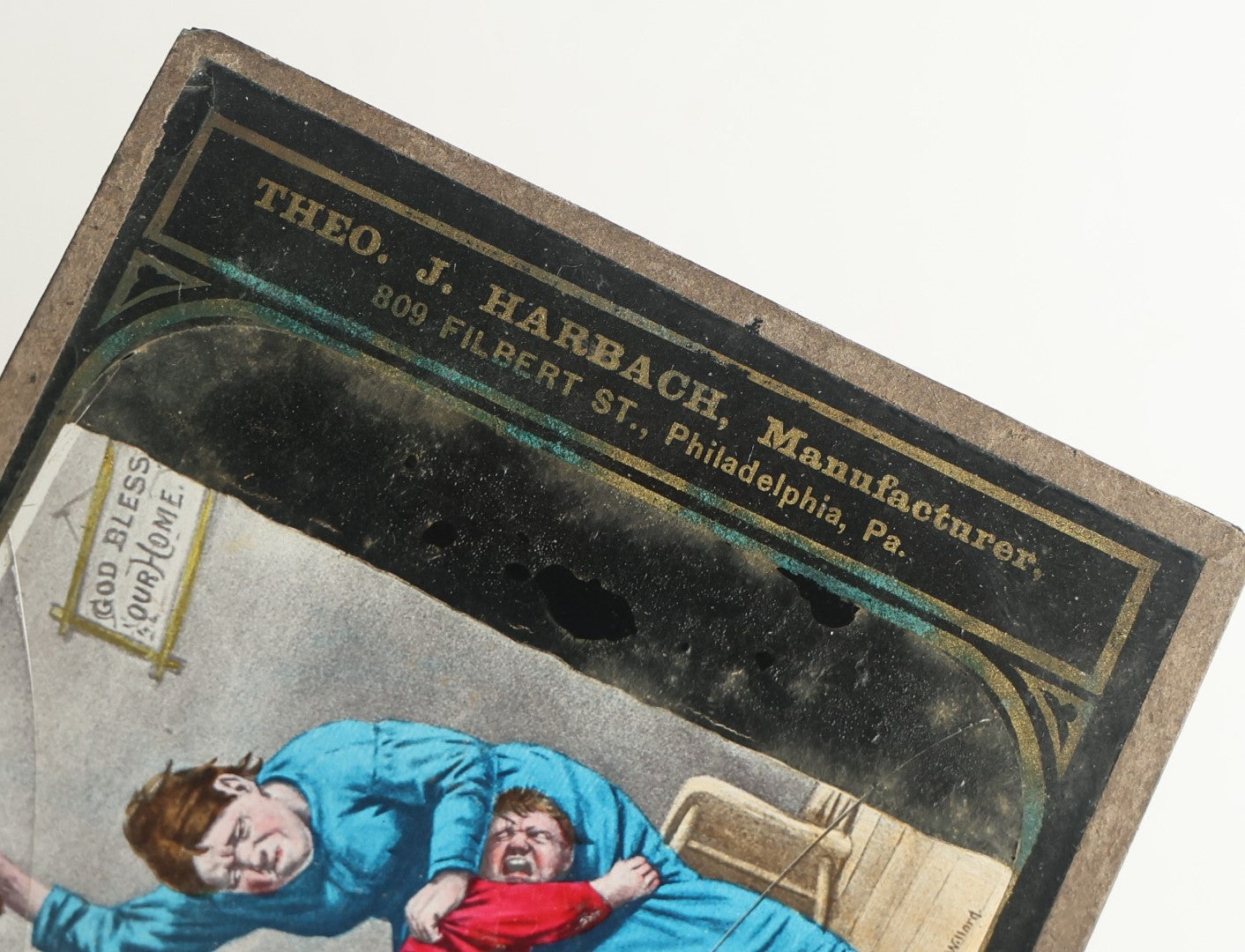 Lot 046 - Antique Hand Colored Magic Lantern Slide, Boy Receiving Spanking From Mother, Note Heavy Damage And Cracking, Theo J. Harbach Manufacturer, Philadelphia, Pennsylvania