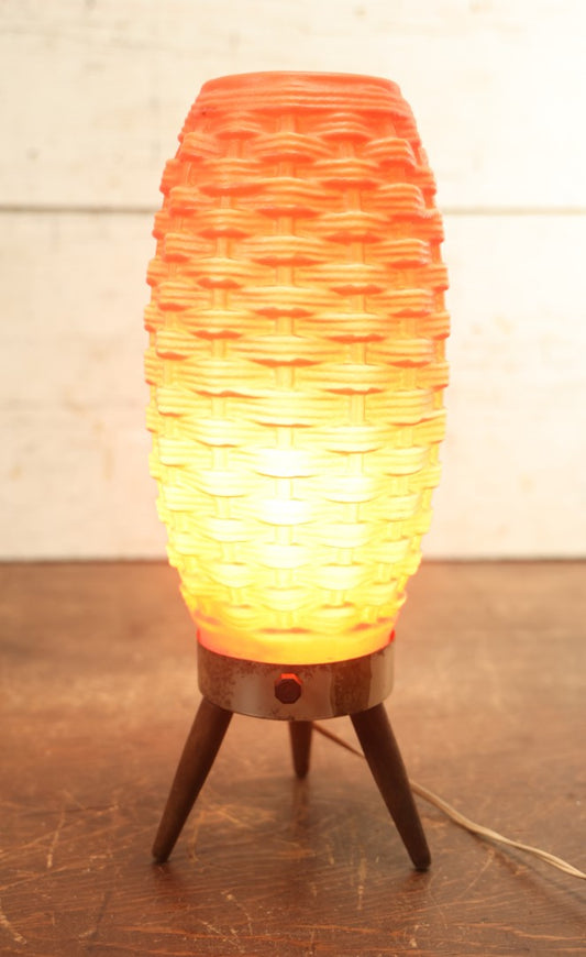 Lot 049 - Vintage Mid-Century Modern Beehive Faux Basket Weave Accent Lamp, Blow Mold Plastic, Orange Color, With Three Footed Wooden Base, 13-1/2" Tall