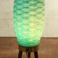 Lot 050 - Vintage Mid-Century Modern Beehive Faux Basket Weave Accent Lamp, Blow Mold Plastic, Blue Teal Color, With Three Footed Wooden Base, 13-1/2" Tall