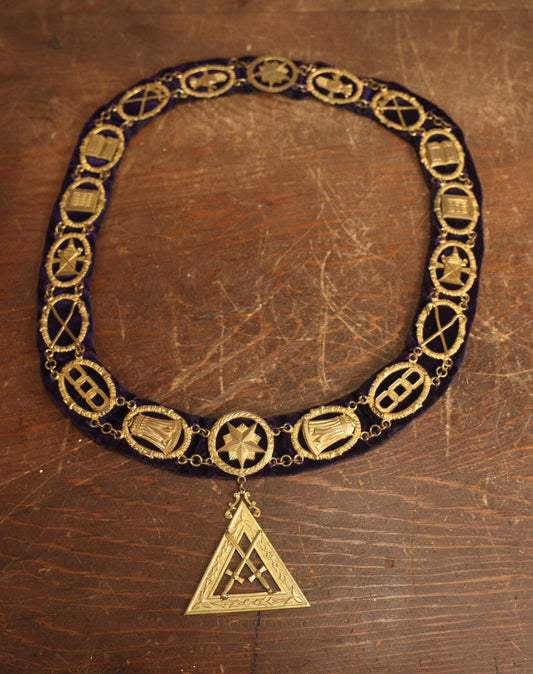 Lot 052 - Antique Odd Fellows I.O.O.F. Purple Chain Collar With Many Symbols Including Three Links And Heart In Hand, With Crossed Swords Medallion, By Harding Uniform & Regalia Company, Boston